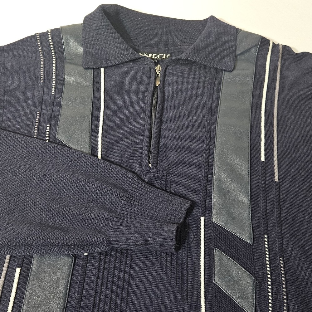 VTG 90s Inserch Zip XL 3D Knit Cardigan Sweater Oversized Thick Navy Blue Men's‎